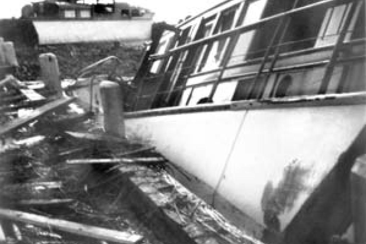 Edgar Bischof yacht at foot of Main Street, destroyed by the September 21, 1938 hurricane.