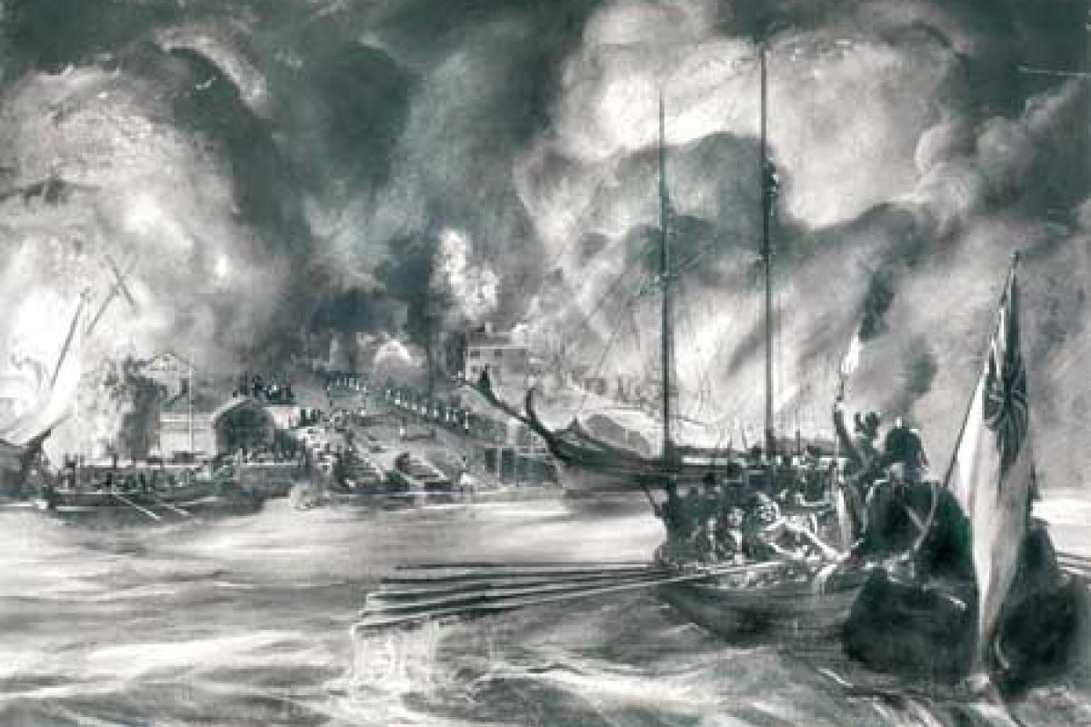 Painting by Soldwedel portraying the attack on Essex Harbor by the British.